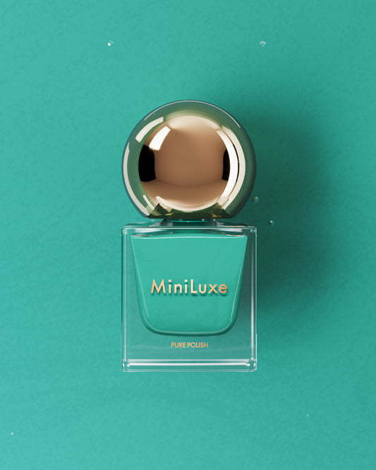 MiniLuxe Pure Polish Breakfast at Tiffany's teal blue bottle teal background